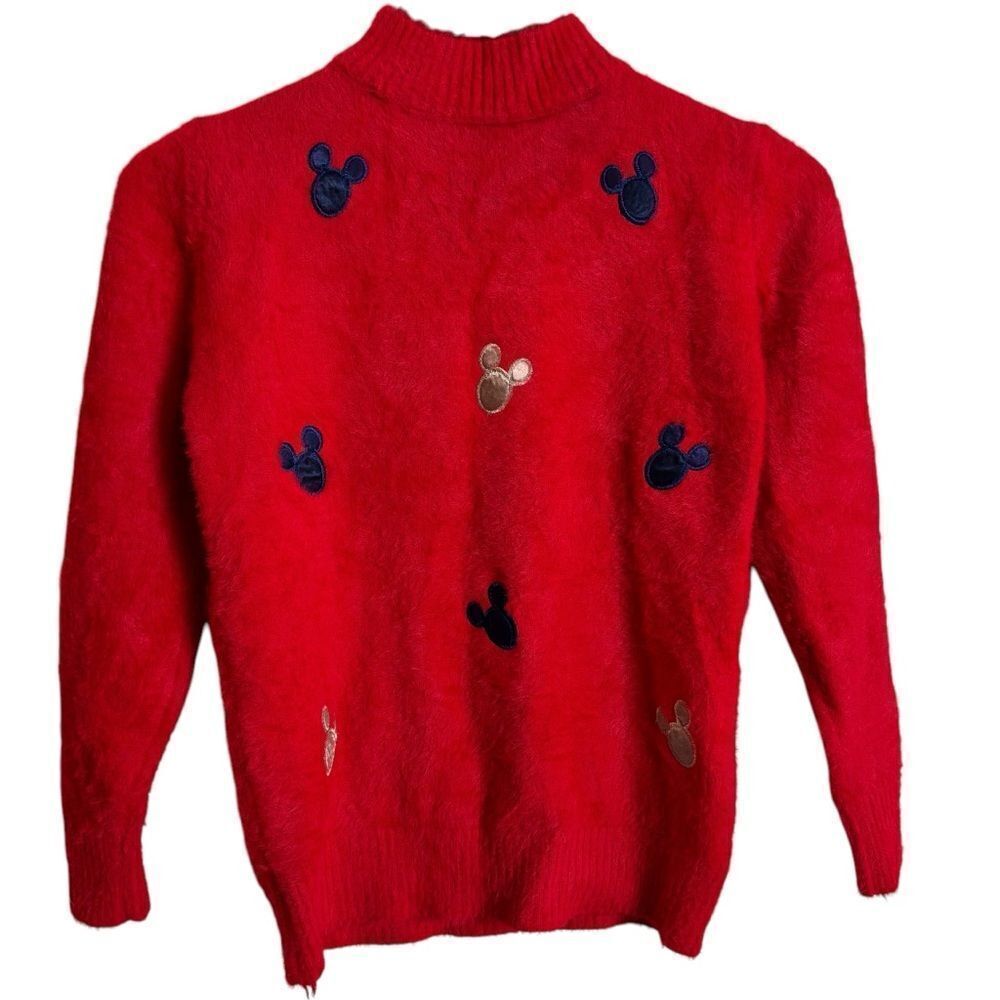 Super Soft Cozy Fuzzy Red Mickey Mouse Patch Long Sleeve Sweater XS FLAWED